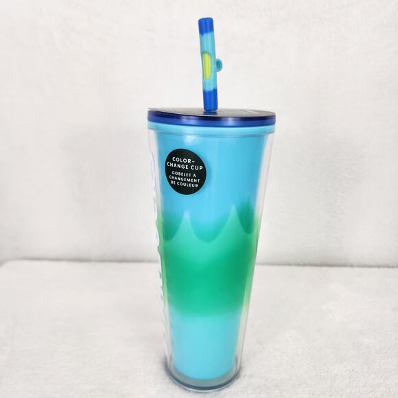NWT Starbucks 2020 Color Change Blue Green Striped Venti Cold Cup W Straw Topper - Picture 2 of 7